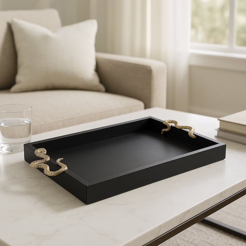 Decorative Tray Black Snakeskin Pattern Gold Handles, Glam Vanity Tray