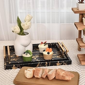 Decorative Tray Black White Marble Pattern Gold Handles Nested Set