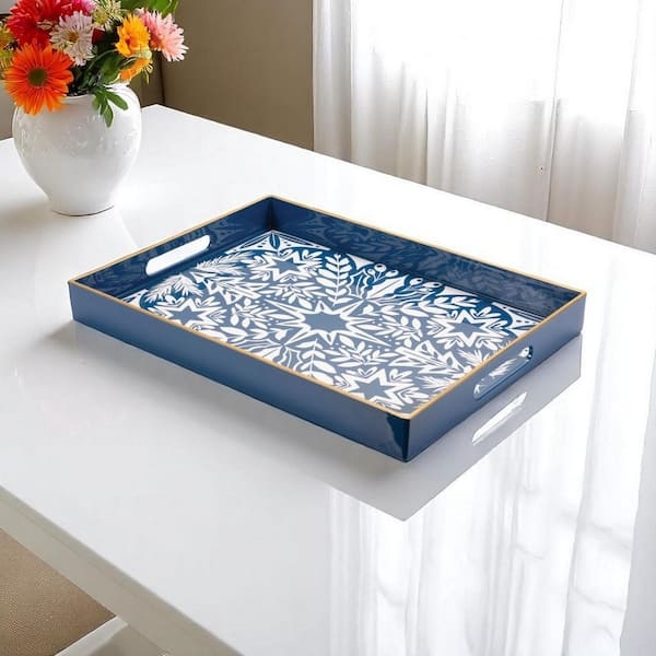 Decorative Tray Blue and White Pattern Integrated Handles Chinoiserie