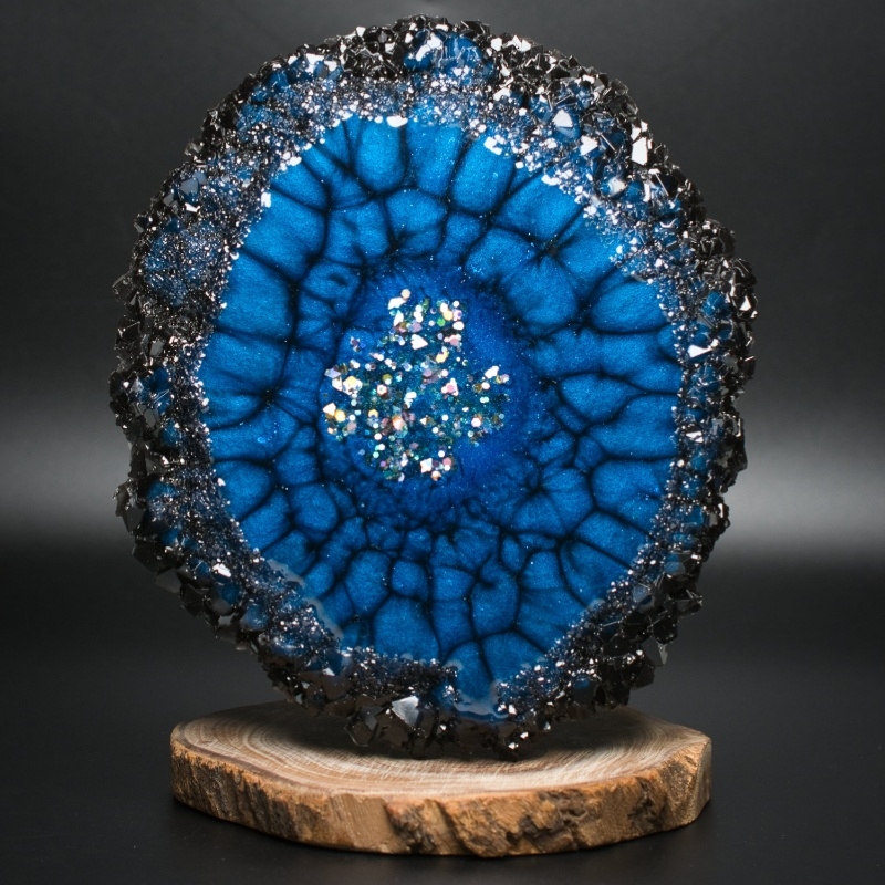 Decorative Tray: Blue Crackle Finish, Gold Crystal Edge, Resin Tray