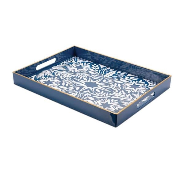 Decorative Tray Blue Geometric Pattern Raised Lip Glossy Finish