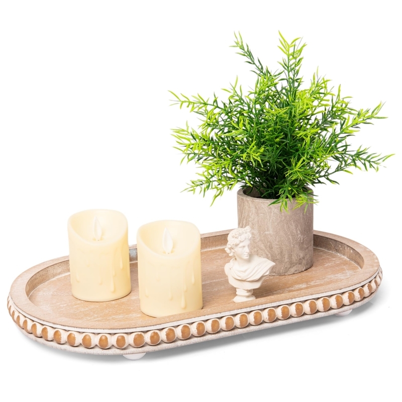 Decorative Tray Brown Wood Beaded Rim for Rustic Farmhouse Centerpiece