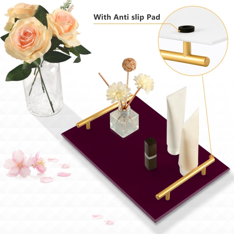Decorative Tray Burgundy And Gold T-Bar Handles Glamorous Dresser Top