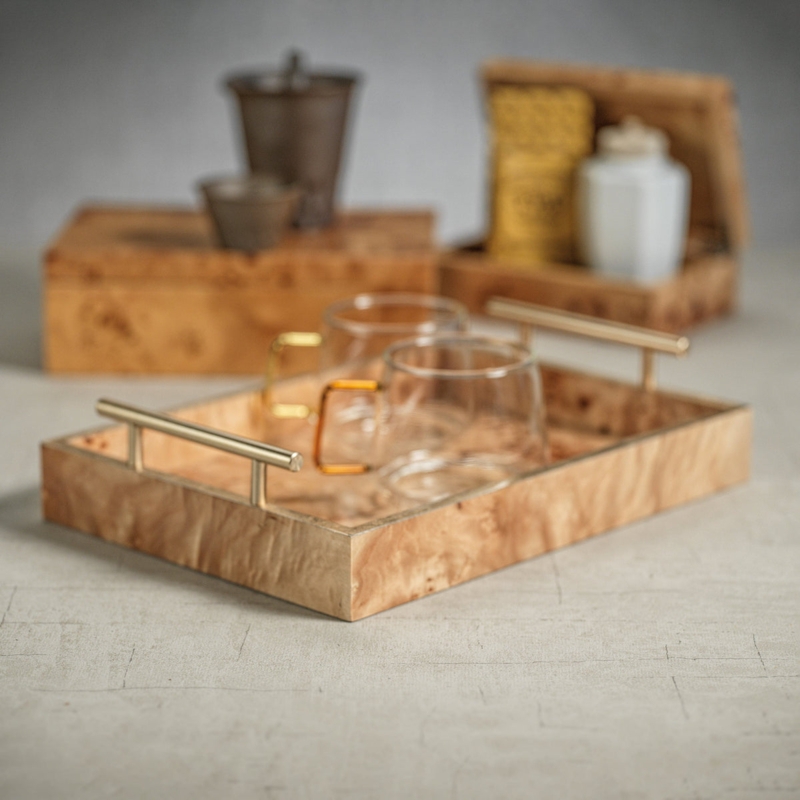 Decorative Tray Burl Wood Gold Handles Organic