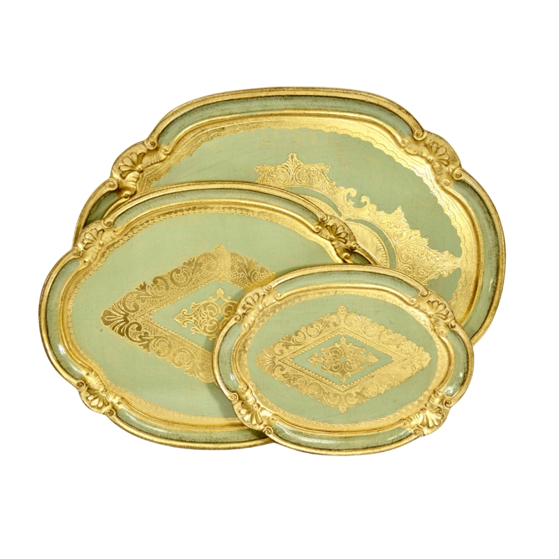Decorative Tray Carved Scrollwork Sage Green Antique Gold Florentine