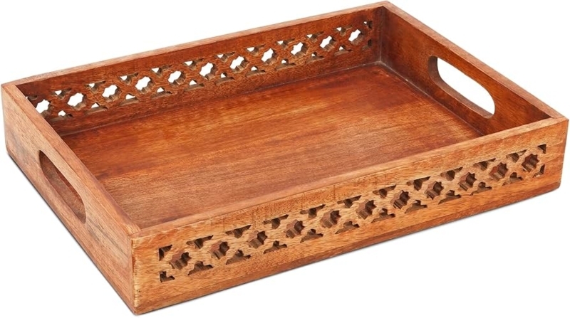 Decorative Tray Carved Trellis Pattern Metal Handles