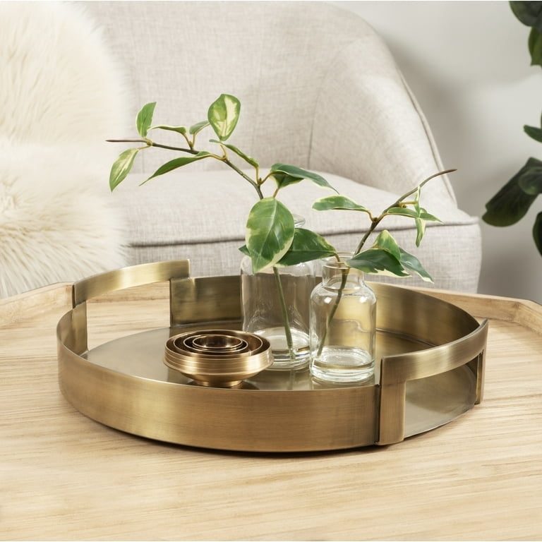 Decorative Tray Circular Brass Finish Raised Curved Handles