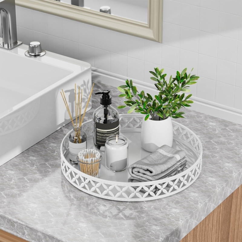 Decorative Tray Circular White Marble Pattern Gold Accents Minimalist
