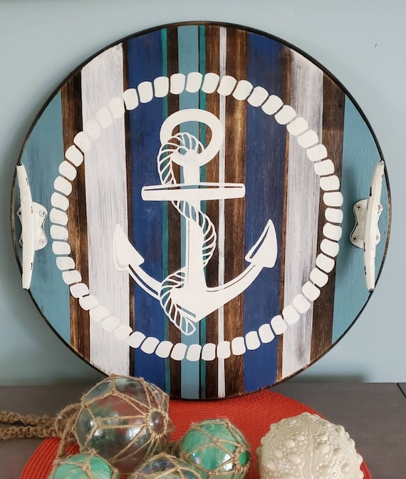 Decorative Tray Cleat Handles Hand Painted Waves Nautical Tray Decor