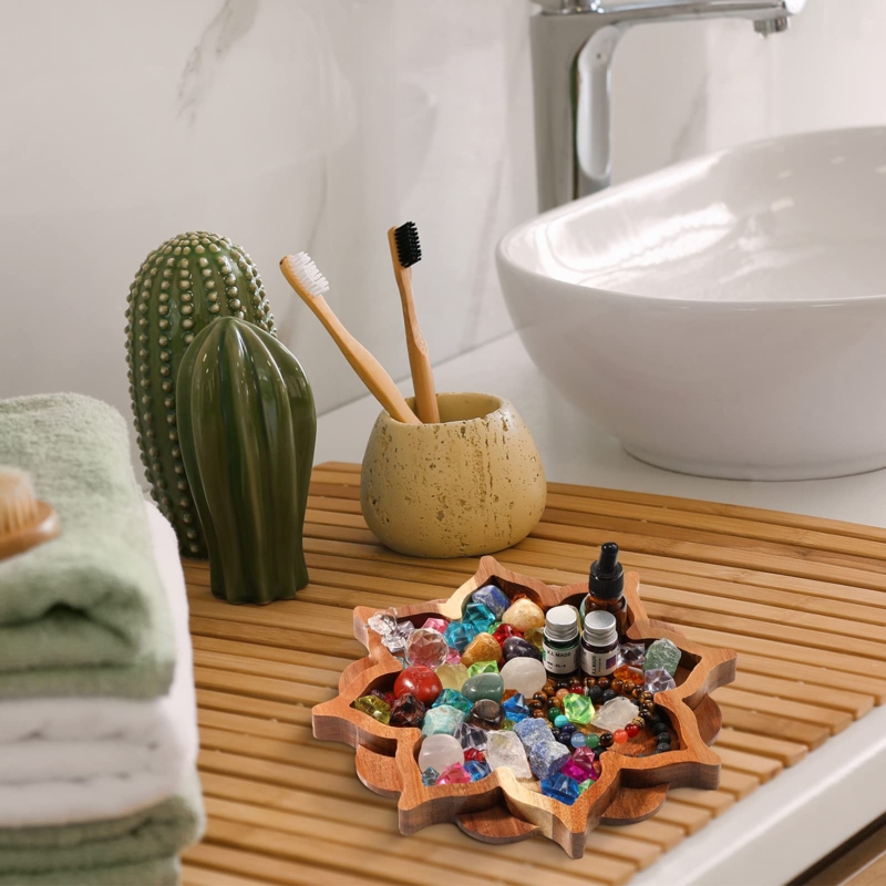 Decorative Tray: Compartmentalized Lotus Shape, Wooden Crystal Tray