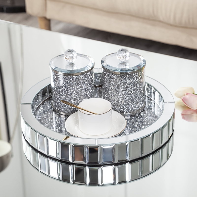 Decorative Tray: Crushed Diamond Inlay, Integrated Handles, Sparkling
