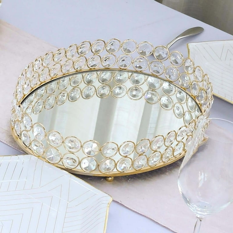 Decorative Tray: Crystal Beaded Rim & Oval Shape, Mirrored Vanity Tray