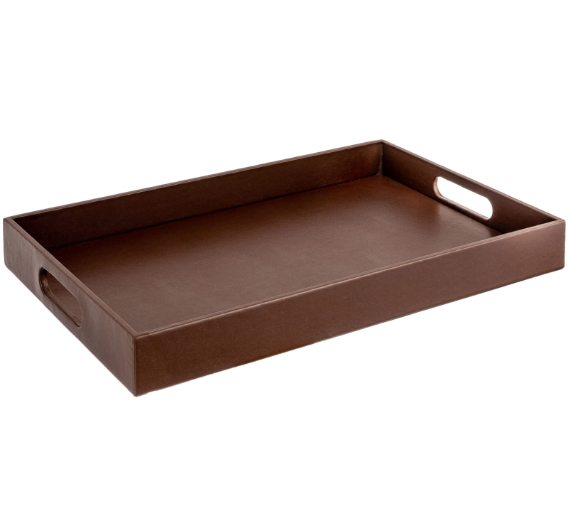 Decorative Tray Dark Brown Faux Leather Cutout Handles, Ottoman Styling