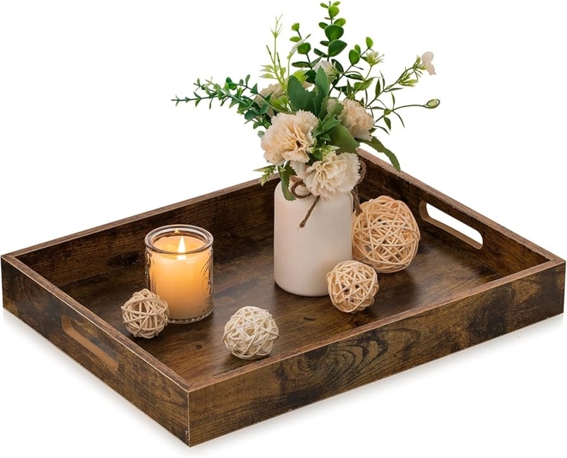 Decorative Tray Dark Espresso Cutout Handles Rustic Ottoman Decor