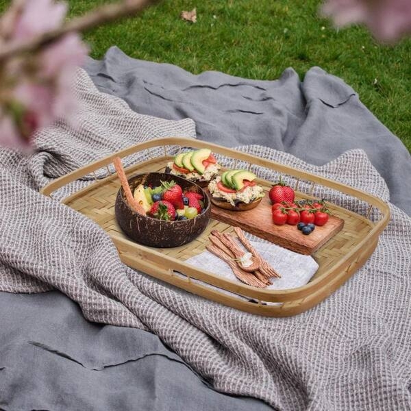 Decorative Tray Diagonal Weave Cutout Handles Organic Woven Styling