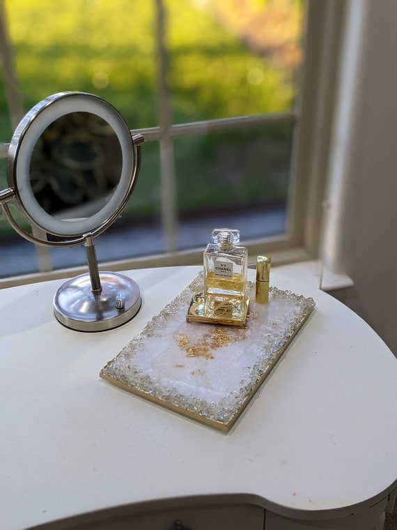 Decorative Tray Elegant Pearl White Resin Gold Leaf Transparent Rim