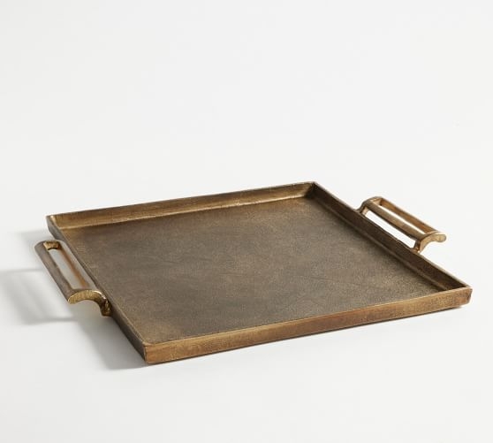 Decorative Tray Elongated Antique Gold Metal Integrated Handles Styling