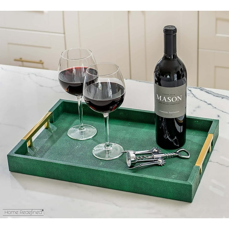 Decorative Tray Emerald Green Shagreen Gold Handles, Jewel Toned Vanity Decor