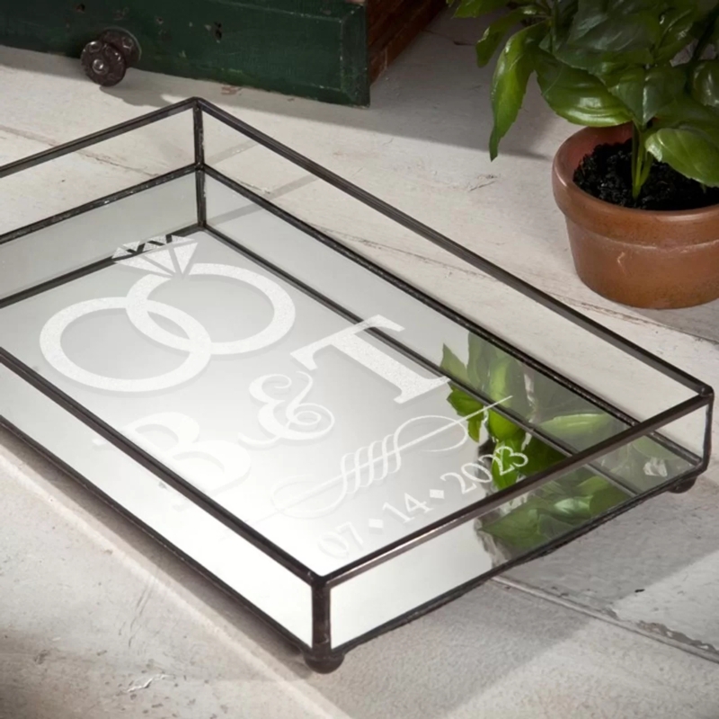 Decorative Tray Engraved Mirror Ornate Silver Frame Floral Etching Glam