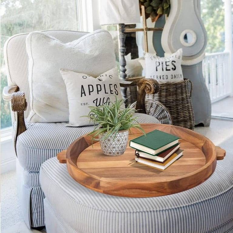 Decorative Tray Extra Large Round Dark Wood Toned Cloud Handles