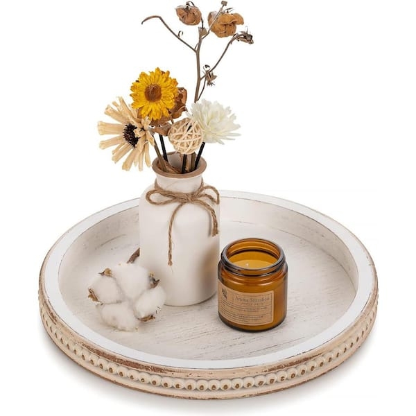 Decorative Tray Fluted Texture Round Beige Resin Ribbed Tray