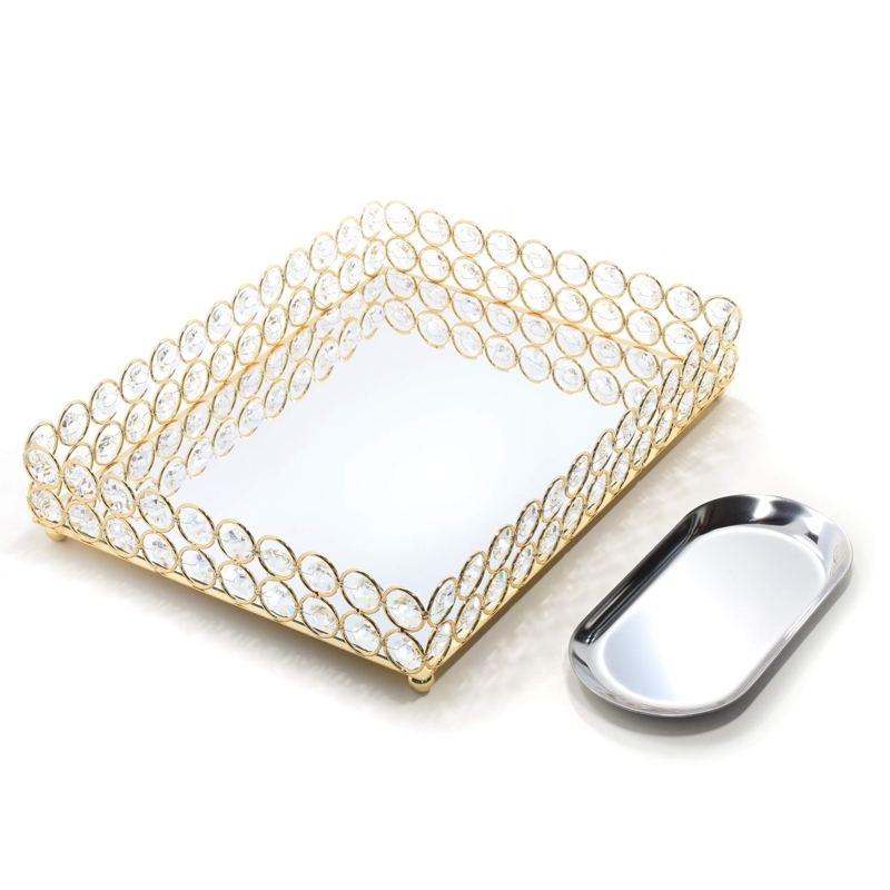 Decorative Tray: Gold Metallic Frame, Crystal Beaded Sides, Ornate
