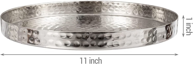 Decorative Tray Hammered Texture Round Silver Metal Polished Finish