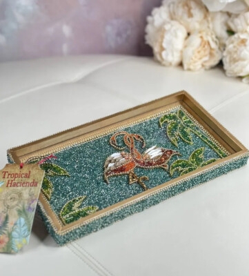 Decorative Tray Hand Beaded Texture Flamingo Motif Teal Pink Coastal Style Tabletop Accessory