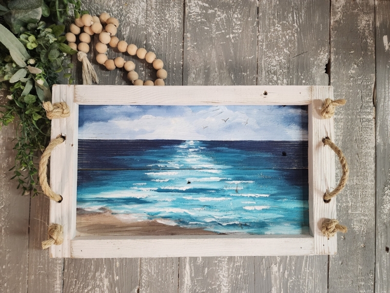 Decorative Tray, Hand Painted Beach Scene, Nautical Rope Handle Decor