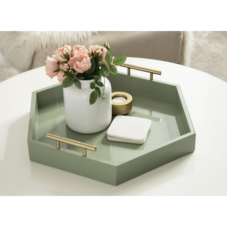 Decorative Tray Hexagonal Sage Green Matte Finish Gold Handles Curated