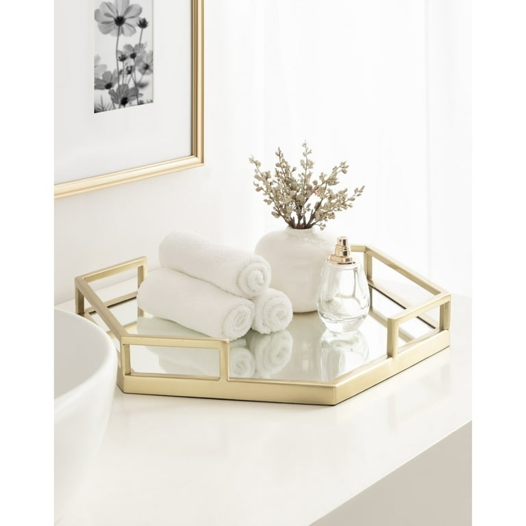 Decorative Tray Hexagonal Shape Mirrored Glass Base Gold Handles