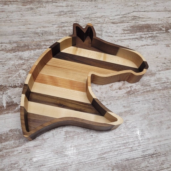 Decorative Tray in Horse Head Silhouette with Carved Wood Design