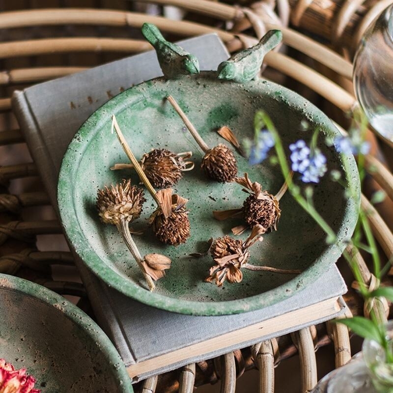 Decorative Tray in Sage Green Metal with Bird Motifs and Wire Lattice