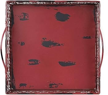 Decorative Tray Lattice Rim Distressed Burgundy Metal Vintage Style