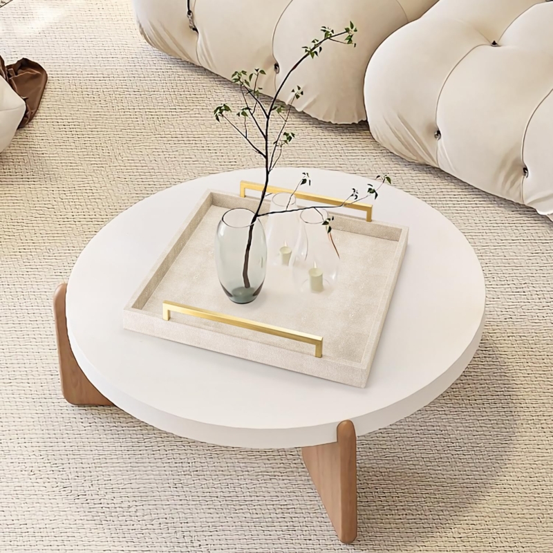 Decorative Tray: Light Gray Shagreen Square, Gold Handles Ottoman Decor