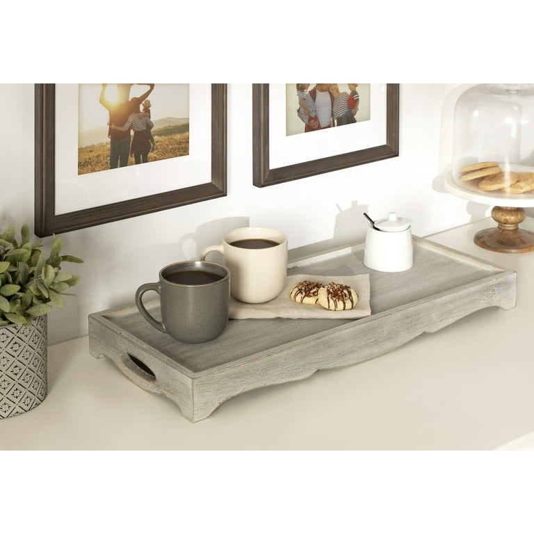 Decorative Tray, Long Rectangular Graywashed Wood with Cutout Handles
