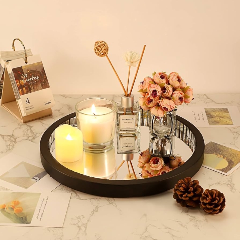 Decorative Tray Matte Black Circular Mirrored Vanity Perfume Organizer