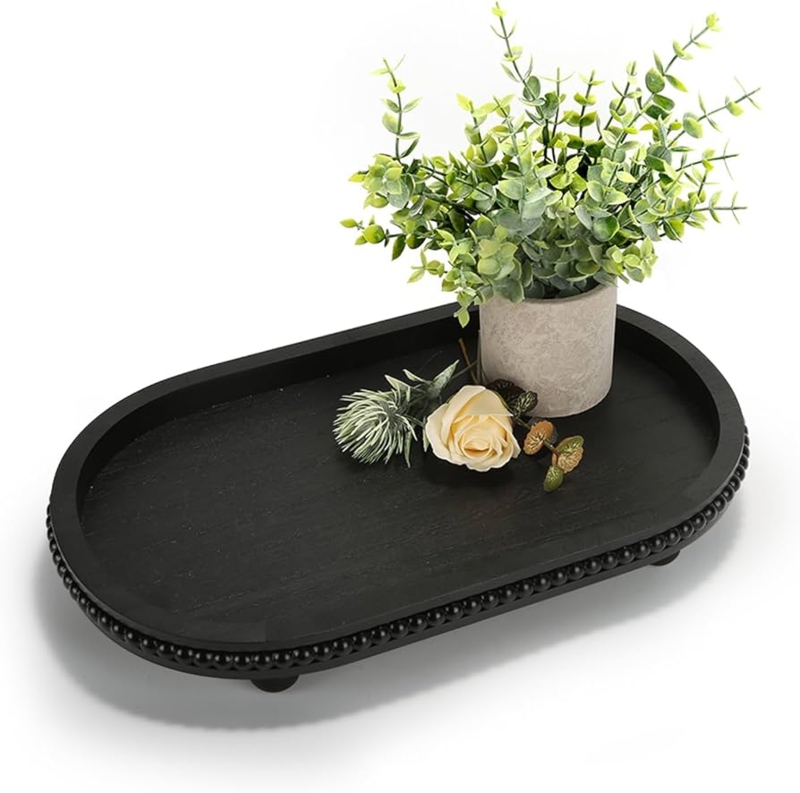 Decorative Tray Matte Black Finish Beaded Rim Modern Farmhouse Decor