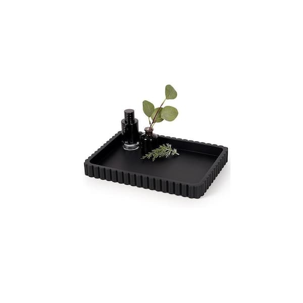 Decorative Tray Matte Black Finish Ribbed Edges Rectangular Shape