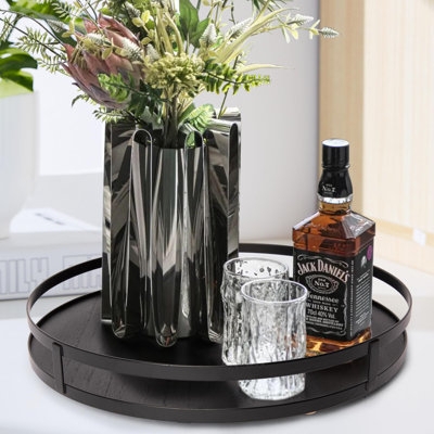 Decorative Tray Matte Black with Arched Metal Handle, Round