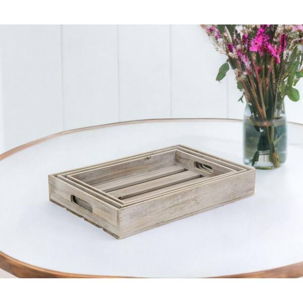 Decorative Tray: Matte Distressed Wood Rectangular, Cutout Handles