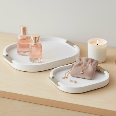 Decorative Tray Matte White Finish Gold Toned Handles Rectangular Set