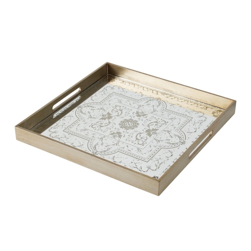Decorative Tray Mirrored Floral Base Artisan Etching Elegant Style