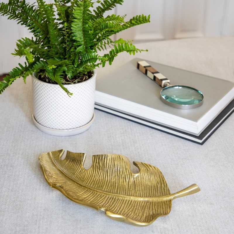 Decorative Tray Monstera Leaf Shape Polished Gold Metallic Finish