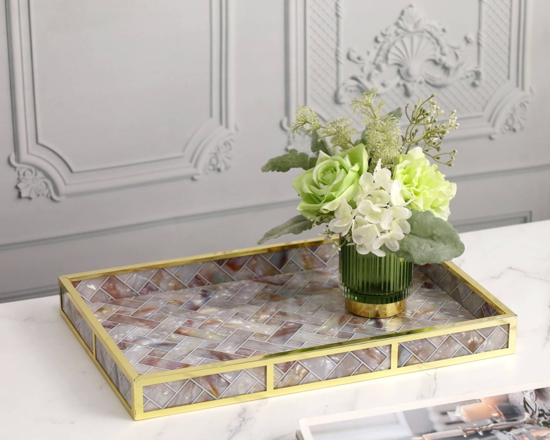 Decorative Tray Mother of Pearl Inlay Gold Handles Glam Vanity Tray