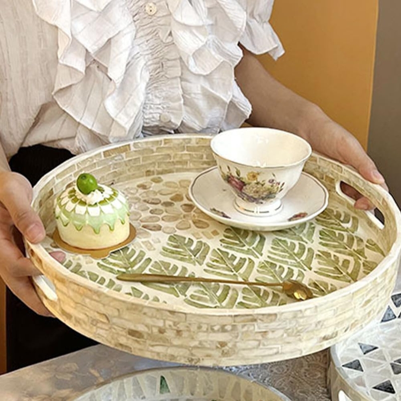 Decorative Tray Mother of Pearl Inlay, Ornate Floral Vine Pattern