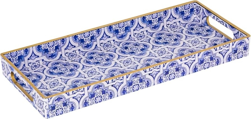 Decorative Tray Narrow Rectangular Cobalt Blue Moroccan Lattice Pattern