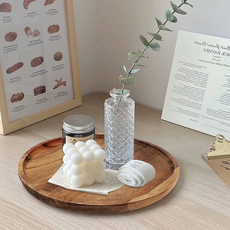 Decorative Tray Natural Wood Grain, Round Low Profile