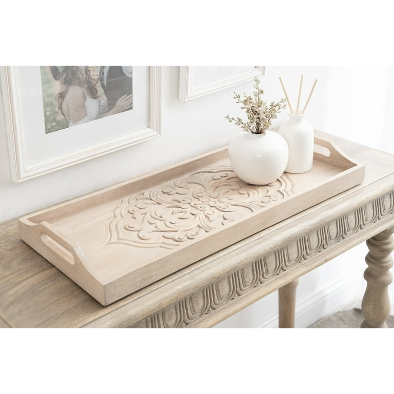 Decorative Tray Natural Wood Hand Carved Floral Integrated Handles Boho