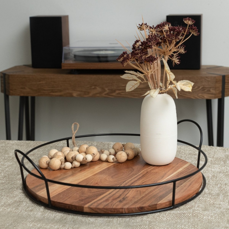 Decorative Tray, Natural Wood, Slim Black Handles, Scandinavian Decor